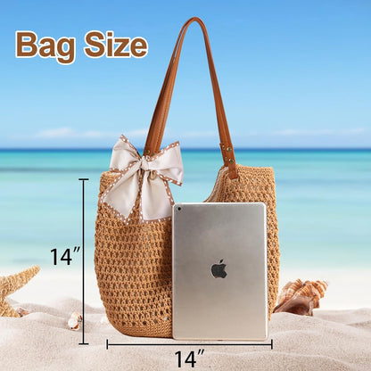 Peicees Crochet Beach Bag For Women Summer Tote Bag Boho Shoulder Bag With Leak-Proof Lining for Vacation Travel Woven Purse
