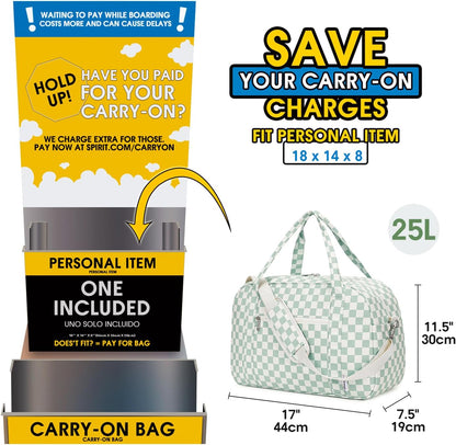 Narwey 18" Carry on Bag Underseat for Airplane with Wet Pocket Spirit Airlines Personal Item Bag Travel Duffel Bag Small Gym Bag Weekender Overnight for Women and Men (Mint Green Checkerboard)