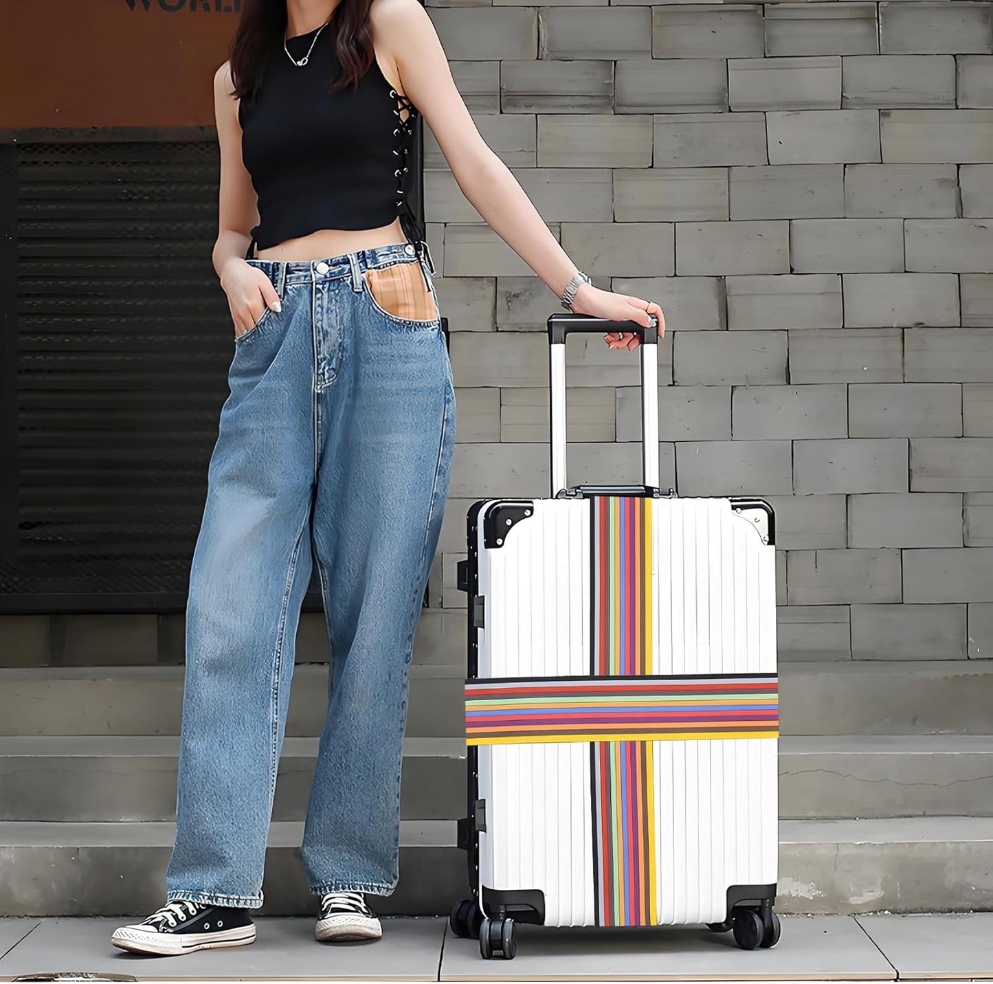 Stripes Luggage Straps for Suitcases, Adjustable Luggage Travel Belt to Keep Luggage Security While Travel, Strong Polyester Fabric, Easy-to-Recognize Stylish Pattern Travel Accessories, 2 Pack