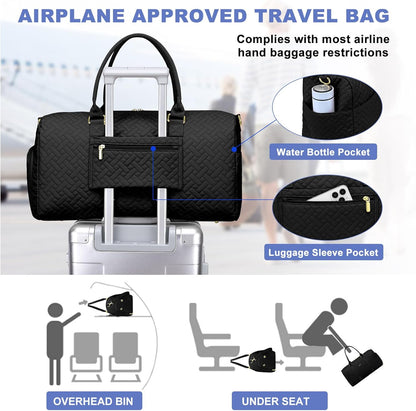 Women Duffle Weekender Travel Bag: Large Duffel Bags with Shoe Compartment Carry On Overnight Tote Bag with Wet Pocket Toiletry Bag Traveling Weekend Gym Yoga Hospital Bags for Labor & Delivery Black
