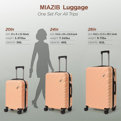Hardshell Luggage Sets 3 Piece ABS+PC Travel Suitcase Hard Sided Luggage with Spinner Wheels Checked Luggage Durable Lightweight Hard Case Luggage (Light Pink)