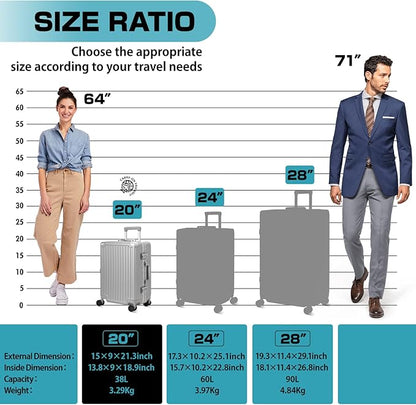AnyZip Carry On Luggage - Aluminium Frame, PC ABS Hard Shell, Suitcases with Wheels, TSA Lock, No Zipper - 20in Silver
