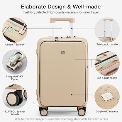 Hanke Grace Carry On Luggage with Wheels Airline Approved Hard Shell Suitcases with Front Pocket，Top Opening Luggage with TSA Lock for Short Business Travel， Cuban Sand.