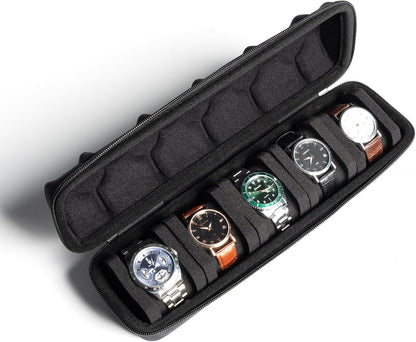 Hard Watch Travel Case, 5 slot Watch Roll Case Storage and Organizer for Men and Women, with anti-move watch pillow