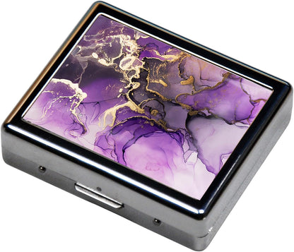 Silver Vintage Pill Box 7 Day Metal Pill Box with Mirror and 8 Compartments Cute Travel Pill Organizer for Purse (Purple and Golden Alcohol Ink Marble)