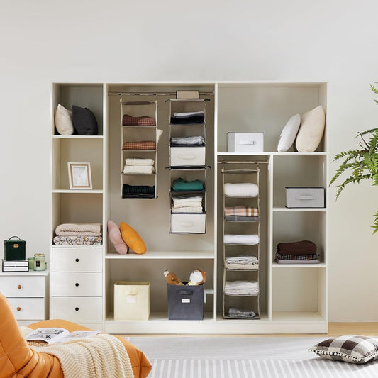 YOUDENOVA Hanging Closet Organizer, 4-Shelf Closet Hanging Storage Shelves, Beige