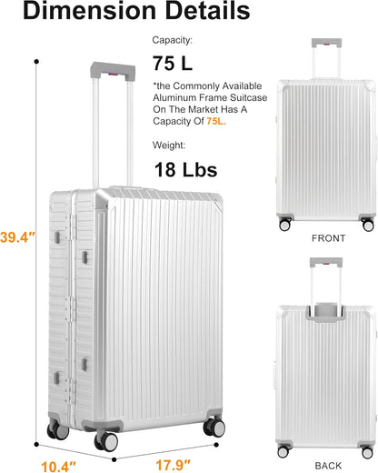 Mvst Luggage Premium All Aluminum Magnesium Carry On 20'' Lightweight Metal,Suitcase with Spinner Wheels Built-in Toiletry Set, Luggage Protector（silvery） (Silver, 29inch)