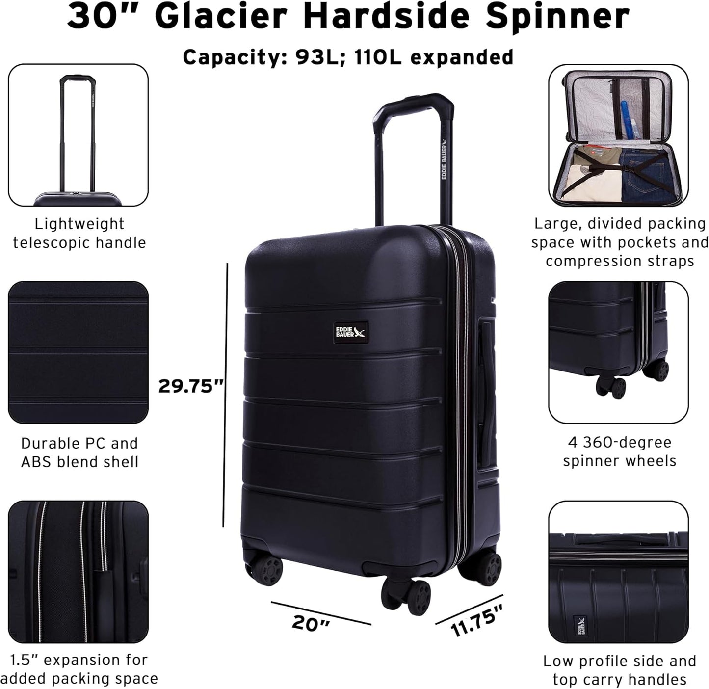 Eddie Bauer Glacier Checked 30" Luggage | Hardside | Spinner Wheels | Expandable | Lightweight | Travel Essentials - Storm Blue