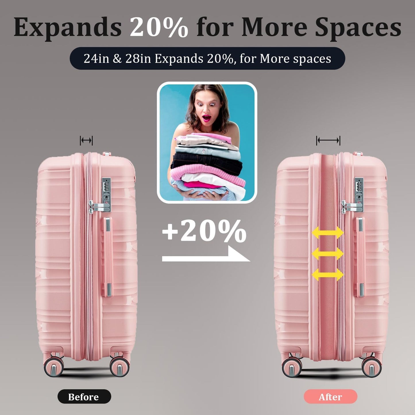 4-Piece Expandable Hardshell Luggage Set with TSA Lock (14/20/24/28) - Lightweight PP Suitcases, 360° Silent Spinner Wheels and Durable 100LB Handle for Air Travel (Pink)