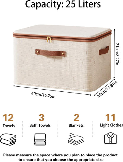 Tuza 3 Pcs Rigid Storage Bins with Zipper Lid, Cotton Linen Fabric Storage Boxes, Foldable Shelves Clothes Storage Cubes with Handles for Wardrobe, Closet(Beige, 25L)