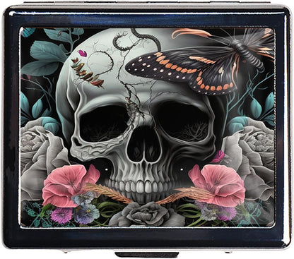 Silver Vintage Pill Box 7 Day Metal Pill Box with Mirror and 8 Compartments Cute Travel Pill Organizer for Purse (Butterfly Bush Skull)