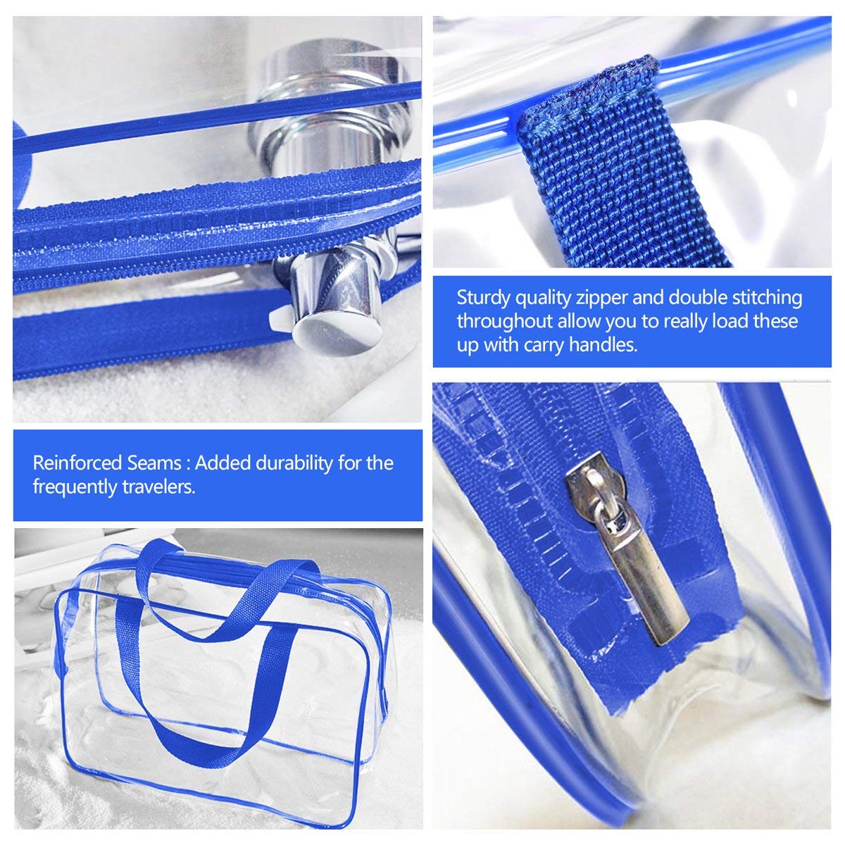 6Pcs Crystal Clear PVC Travel Toiletry Bag Kit for Women Men, Waterproof Vinyl Packing Organizer Storage Bags with Zipper Handle Straps, Cosmetic Pouch Carry on Airport Airline Compliant Bag Handbag