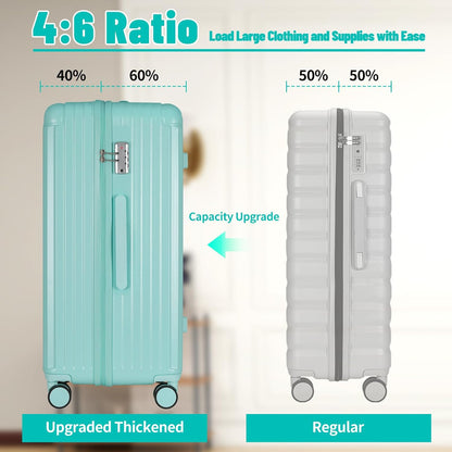 Carry-on 20 Inch and 28 Inch Square Thickened ABS+PC Hard Shell luggage, 2-Piece Suitcase Set with TSA Lock & Dual Zipper Mesh Inner Layer Design, Mint Green