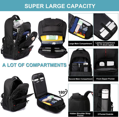 Rolling Backpack, Large Backpack with Wheels for Men Women Adults, 17inch Waterproof Wheeled Travel Laptop Backpack Carry on Luggage Bag Trolley Suitcase Business College School Computer Bookbag,Black