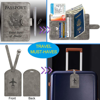 Passport Holder With Luggage Tag Cover Wallet RFID Blocking Leather Case Travel Essentials Accessories Travel Must Have(114#Grey)