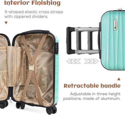 Luggage Set 3 Piece Luggage Set ABS hardshell Spinner Wheels Luggage Carry on Suitcase with Weekender bag & Toiletry bag（Mint Green