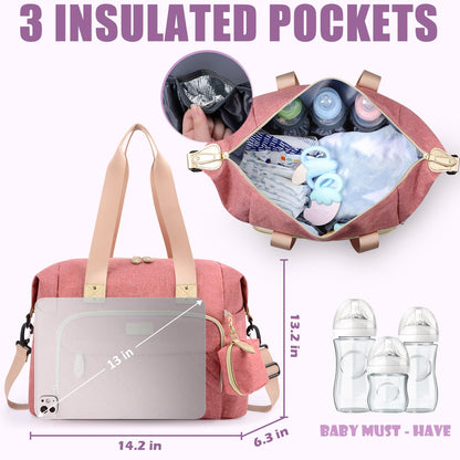 Tuwubi Diaper Bag Tote,Baby Diaper Bag with Pacifier Case Large Travel Diaper Tote Caddy for Mom and Dad Multifunction Large Baby Bag - M-Pink