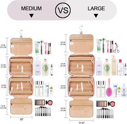Travel Hanging Toiletry Bag for Women, Extra Large Makeup Bag, Holds Full-Size Shampoo, with Jewelry Organizer Compartment, Waterproof Cosmetic Bag, Toiletries Kit Set with Trolley Belt, Baby Pink