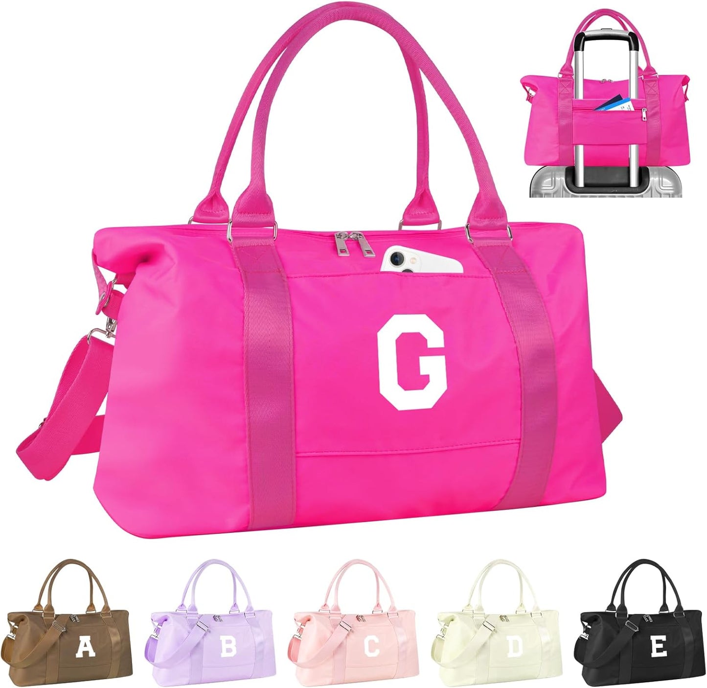 Overnight Bag for Kids Teen Girls Weekender Dance Bag Birthday Graduation Gifts,Initial Travel Duffel Bag Sports Gym Bag Personalized Weekender Bag Carry On Bags Preppy Gifts for Women(Hot Pink, G)