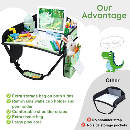 Kids Travel Tray, Kids Travel Trays for Car Seat, Road Trip Essentials for Toddler, Carseat Lap Tray with Dry Erase Board & Storage Organizer for Road Trip Activities for Kid, Green