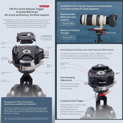 Falcam TreeRoot 61" F38 Pro Quick Lock Travel Tripod,with 360 Degree Damping Ball Head Load Capacity 5kg/11lbs,Carbon Fiber Tripod with F22 Interfaces, 1/4" Screw,Carry Strap Holes for Cameras