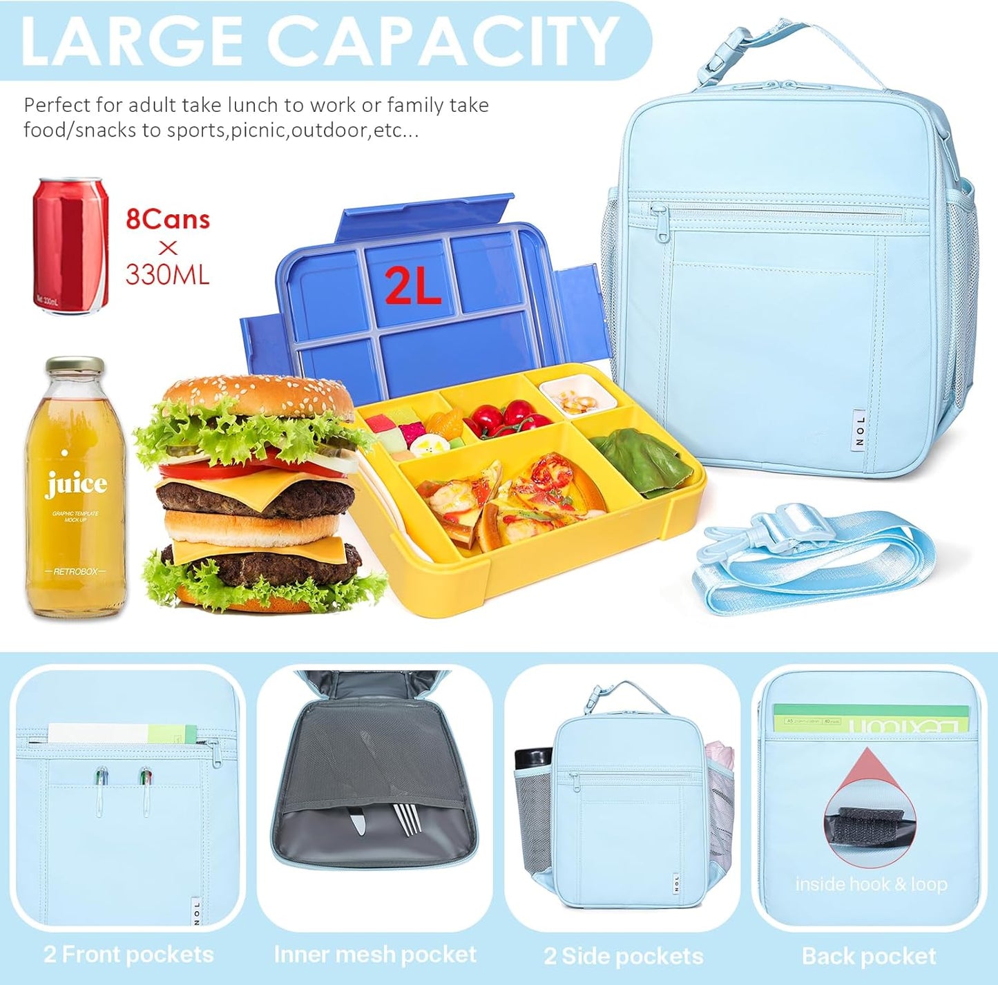 NOL Nylon Waterproof Kids Lunch Bag, Insulated Lunch Bag, Lunch box Cooler, Reusable, Zip Closure with Buckle Handle Holds Lunch Box, Snacks & Water Bottle for School Work, Light blue