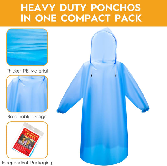Bruvoalon 6 & 20 Pack Disposable Rain Ponchos for Adults/Youth, Waterproof PE Raincoats with Drawstring, Camping/Emergency