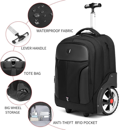 Rolling Backpack,Waterproof Backpack with Wheels for Business and Travel Commuter, Carry on Backpack with Laptop Compartment, Fit 17 Inch Laptop, Wheeled Backpack for Adults
