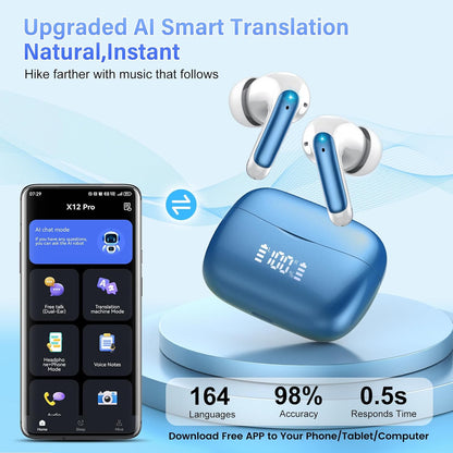 AI Translation Earbuds Real Time with Audio and Video Calls, 164 Language/7 Translation Modes Translator Earbuds Bluetooth 5.4 with APP, 48H AI Ear Buds Translator Device for Business/Learning/Travel