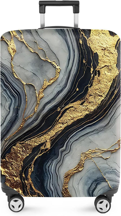 ANNA QUEEN Luxury Marble Gold Luggage Cover, Elegant Black & Grey Suitcase Protector with Faux Gold Vein Design, Stretchable, Washable Spandex Cover for 20-22 Inch Luggage
