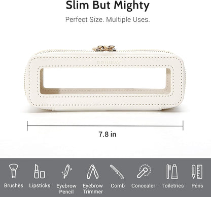 Aveniee Clear Makeup Brush Bag,Slim Cosmetic Brush Holder,Small Toiletry Bag Mini Travel Case for Women,Thin Make up Bags with Dual Zipper,Cute Travel Essentials Organizer,White