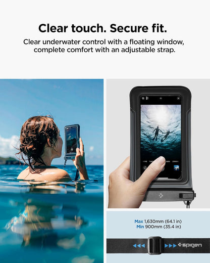 Spigen Aqua Shield 2 Pack Floating Waterproof Phone Pouch A611P for All Phones with Detachable Lanyard, Travel Essentials for Outdoors Activities, Kayak/Cruise/Beach - Black