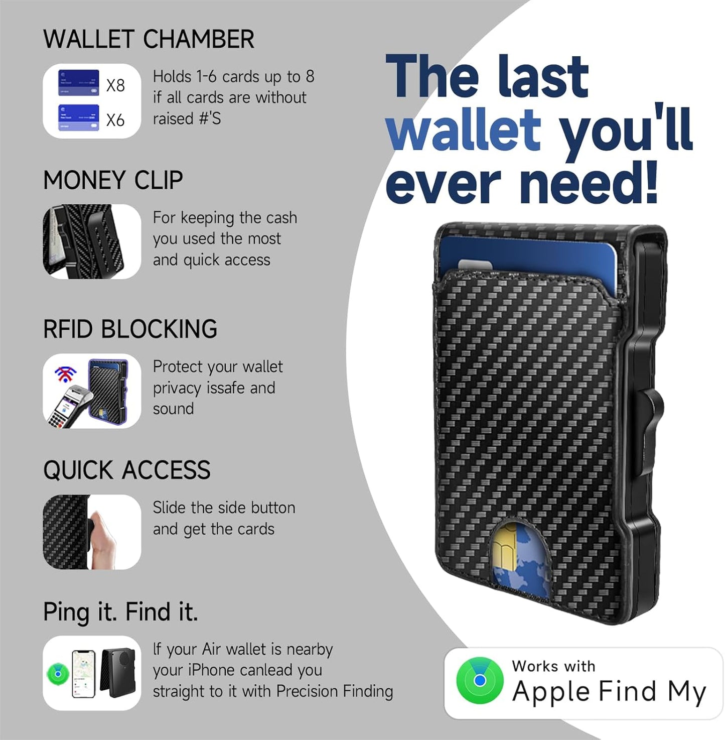 Zeeker Mens Air Wallet, with Smart Tracker, RFID Blocking Credit Card Clip, Bi-Fold Minimalist Wallet, Compatible with Apple Find My IOS Only, Replacement AirTag Chip(Carbon Fiber Pattern)