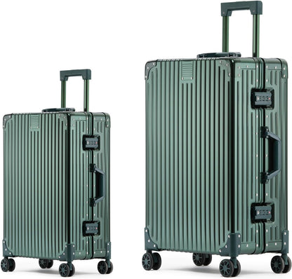 Metal All Aluminum Carry-on Luggage TSA Customs Lock Zipperless Silent Rotary Wheel Business Suitcase Aluminum Frame Set (dark green, 2Piece(20/26))
