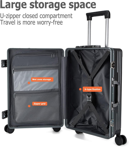 feilario 20in Aluminium Frame PC Hard Shell Spinner Wheels Luggage, Built-In TSA lock Carry on Suitcase, with Cup Holder, USB Port, Phone Holder