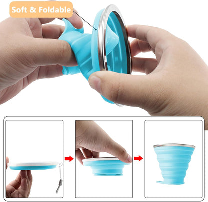 Litoexpe 4 Pack Silicone Collapsible Travel Cup Portable Folding Camping Cup Sets with Lids, Orange & Blue & Coffee & Purple, Capacity 9.22oz (270ml)