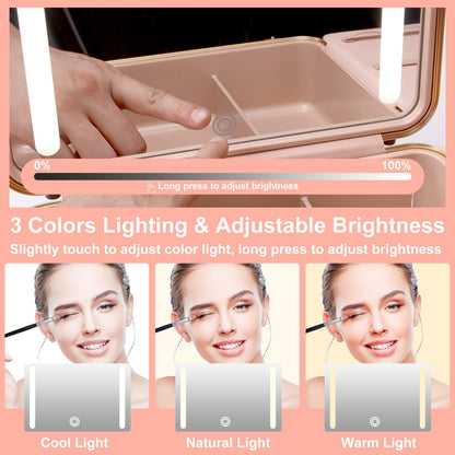 Mocado Travel Makeup Case with Lighted Mirror, 8 Makeup Brushes & 10x Magnifying Mirror, Cosmetic Case with Adjustable Brightness, White