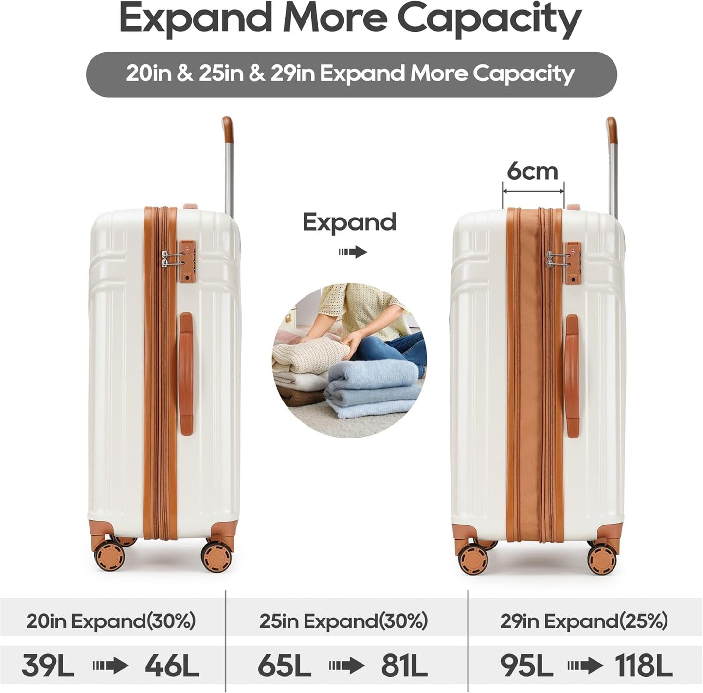 GinzaTravel Luggage Sets 3-Piece Expandable Suitcases with Wheels PC+ABS Durable Hardside Luggage sets TSA lock（White + Brown）