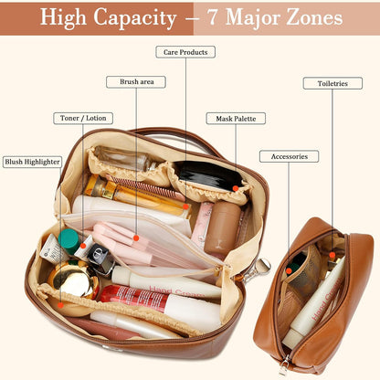 Birthday Gifts for Women Teen Girl, Personalized Initial Makeup Organizer Bag Set, Open Flat Travel Cosmetic Bag With Clear Divider and Handle(Brown,A)