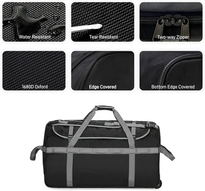 Foldable Rolling Duffle Bag with Wheels, 85L Extra Large Wheeled Travel Duffel, Waterproof Collapsible Weekender Luggage with Rollers for Storage Camping Sports Outdoor, Gray