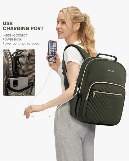 LOVEVOOK Laptop Backpack for Women, Travel Computer Work Bags with 17-inch Laptop Compartment, College School Student Bag Teen Backpacks For Girls, Outdoor Carry On Backpack Purse, Army Green