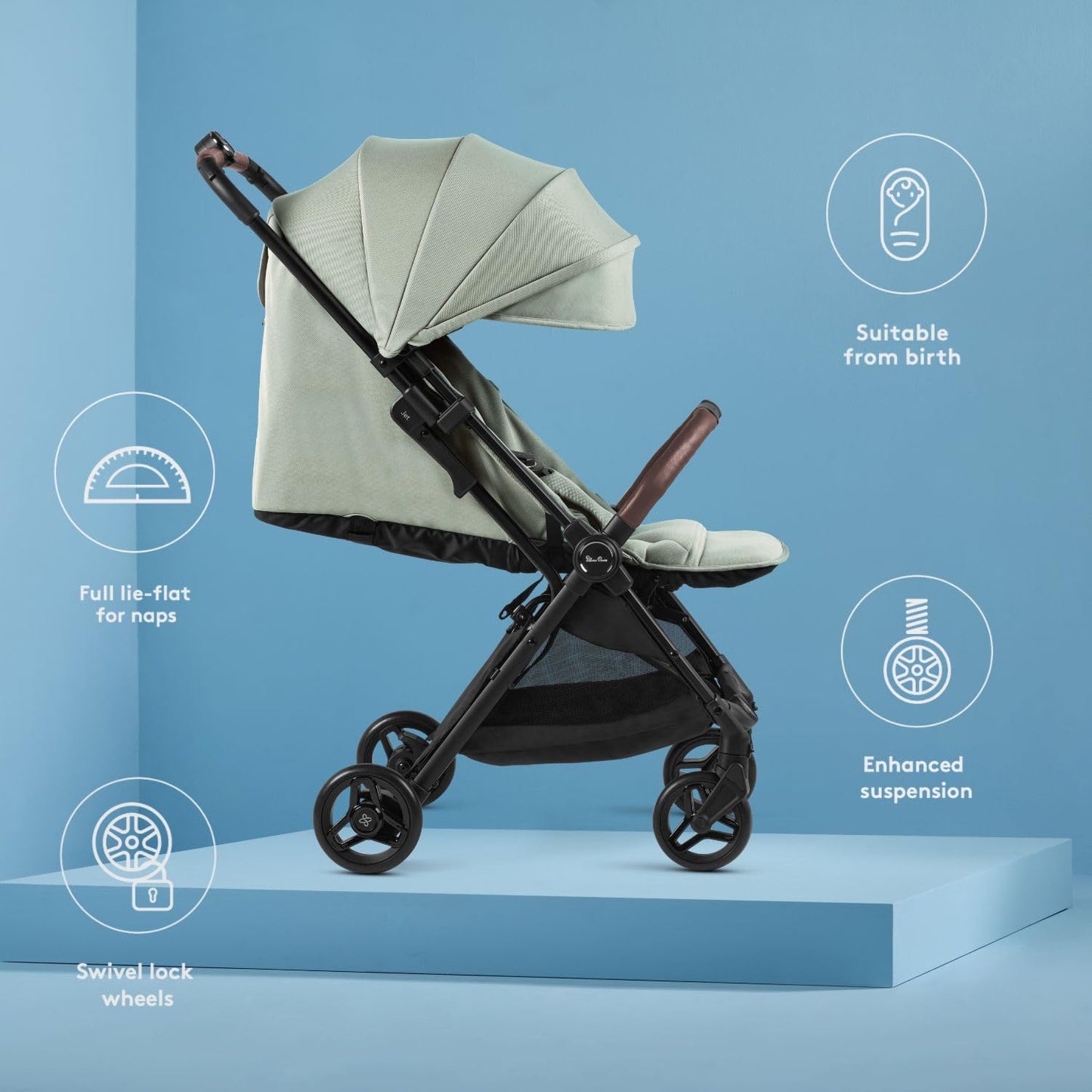 Silver Cross Jet 5 - Full Size TSA Approved Infant & Toddler Travel Stroller - Lightweight, Compact & Easy to Fold, with All-Terrain Wheels and One Hand Full Flat Recline (Sage Green)