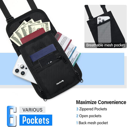 Hanke Passport Holder, Travel Wallet for Womens and Men, Neck Wallet Hidden Passport Pouch for Travel Adjustable Lightweight Thin with 6 compartments (Black)
