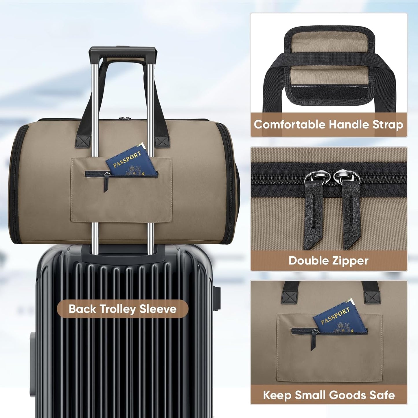 BALEINE Convertible Garment Bag with Shoe Compartment, 2 in 1 Carry on Garment Duffle Bags for Travel, Suit Bag for Men Women (Brown)