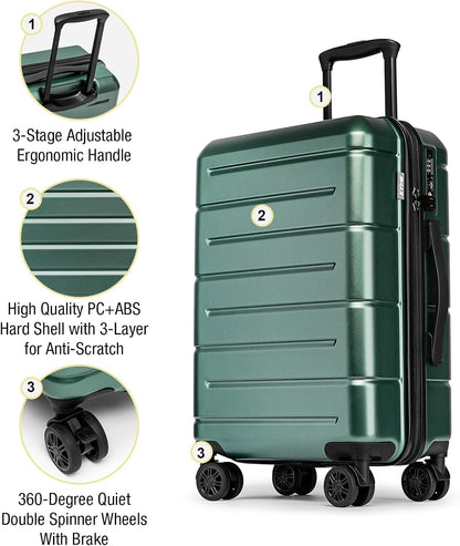 KYME Hardside Carry On Luggage 22x14x9 Airline Approved with TSA Lock Hardshell 22 Inch Suitcase with Spinner Wheels Small Travel Rolling Luggage with Cup Holder for Men Women Green