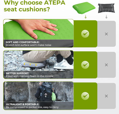 ATEPA Inflatable Stadium Seat Cushion, Self-Inflating Memory Foam Stadium Seats Bleacher Seat Chair Cushion Pad for Airplane Travel Backpacking Sports Events