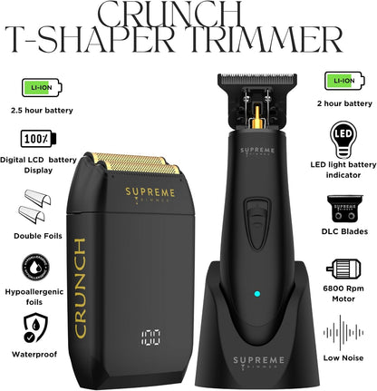 Supreme Trimmer 2-in-1 T-Shaper Trimmer & Crunch Foil Shaver | STF602 Electric Razor & ST5206 DLC Beard Trimmer Barber Haircut Kit | Black