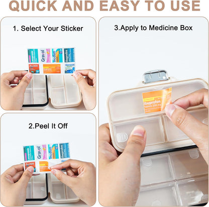 Travel Pill Organizer Box with Medicine Labels, 2Pack 7 Compartments Portable Pill Case, Daily Medication Organizer Storage Pill Container for Pocket Pharmacy(Pearly White S+L 2Pack)