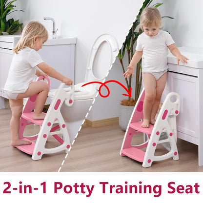 Potty Training Seat: 2 in 1 Design Potty Seat for Toilet & Nursery Step Stool for Sink Potty Training Toilet with Height Adjustable Ladder for Kids of All Ages (Pink)