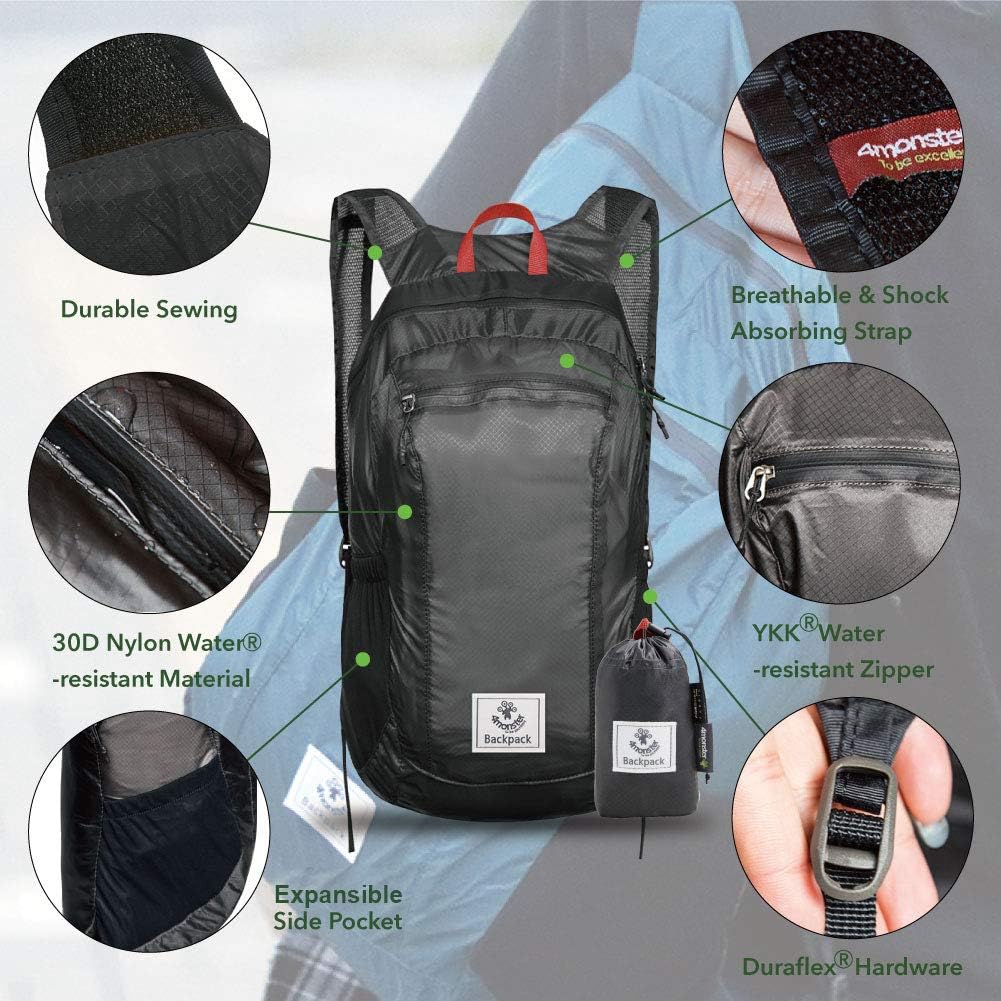 4Monster Hiking Daypack,Water Resistant Lightweight Packable Backpack for Travel Camping Outdoor
